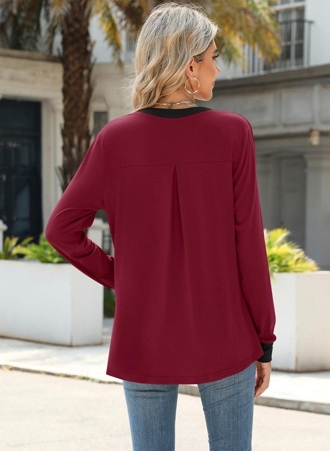 Micoson Womens Blouses Dressy Casual Loose Fit Long Sleeve Shirts Pleated V Neck Classic Tops Fall Flowy Tunic Black and Red Blocks M - Image 4